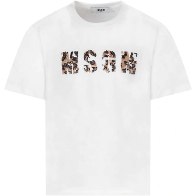 Shop Msgm White T-shirt For Girl With Sequined Logo In Bianco