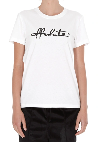 Off-white Script Logo Print T-shirt In Bianco/nero