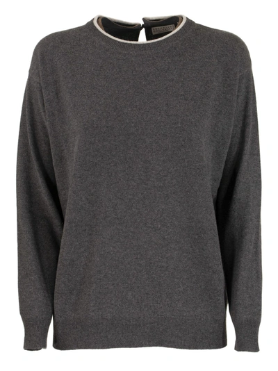 Shop Brunello Cucinelli Crewneck Sweater Virgin Wool, Cashmere And Silk Sweater With Precious Faux-layering In Piombo