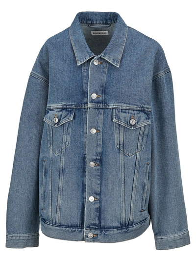 Shop Balenciaga Logo Language Denim Jacket In Sotne Washed Indigo