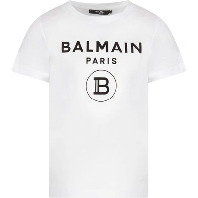 Shop Balmain White Kids T-shirt With Black Logo In Bianco