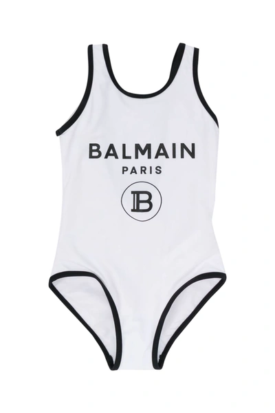 Shop Balmain Kids One-piece Swimsuit With Print In Bianco