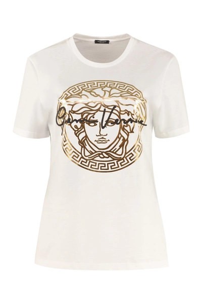 Shop Versace Printed Cotton T-shirt In White