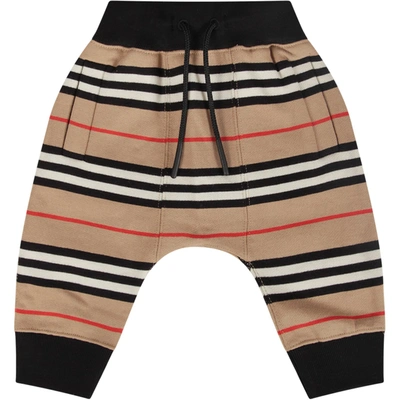 Shop Burberry Striped Sweatpants For Baby Boy In Beige