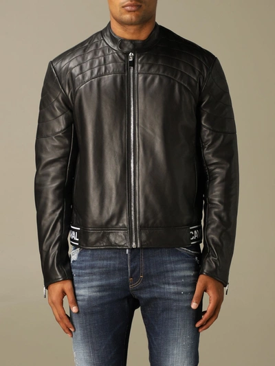 Shop Just Cavalli Leather Biker With Logo Band In Black