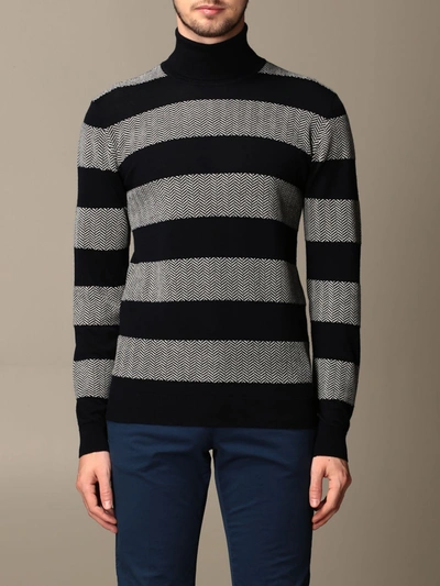 Shop Giorgio Armani Turtleneck In Cashmere And Virgin Wool With Herringbone Bands In Blue