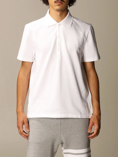 Shop Thom Browne Cotton Polo Shirt With Striped Bands In White
