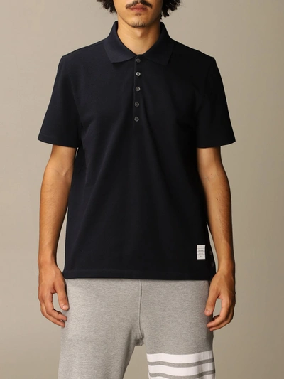 Shop Thom Browne Cotton Polo Shirt With Striped Bands In Navy