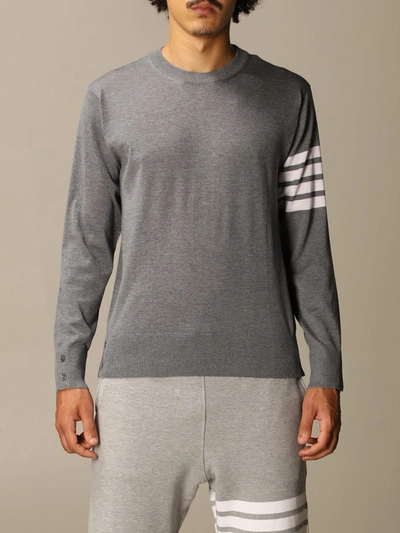Shop Thom Browne Pullover In Merino Wool With Bands In Charcoal