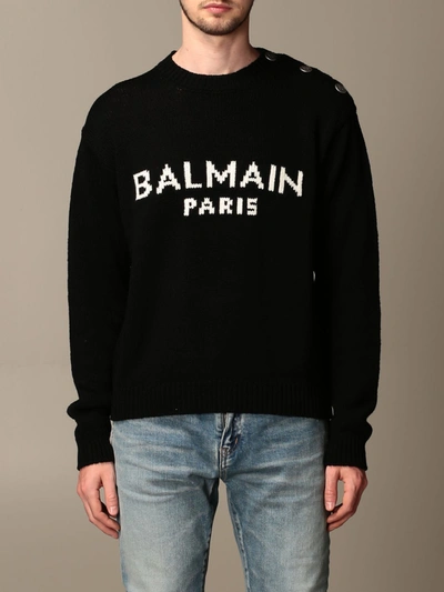 Shop Balmain Pullover With Jacquard Logo And Buttons In Black