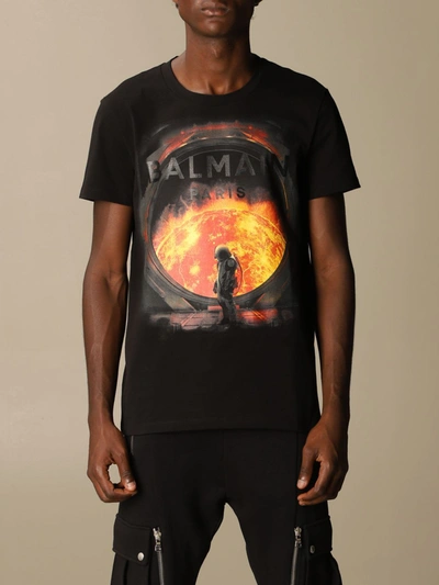 Shop Balmain Cotton T-shirt With Logo And Print In Black