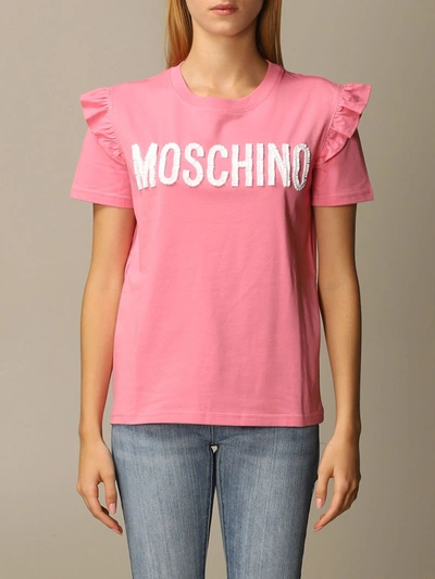 Shop Moschino Couture T-shirt With Sequin And Rouches Logo In Pink