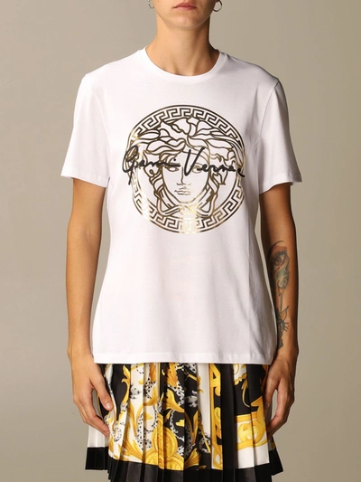 Shop Versace T-shirt With Medusa Logo And Signature In White