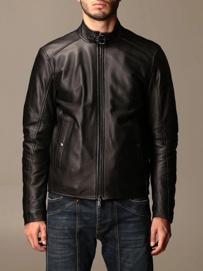 Shop Dondup Leather Jacket With Zip And Buckle In Black