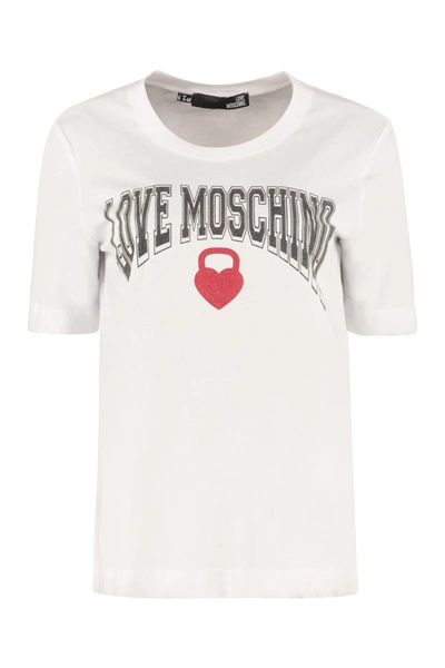 Shop Love Moschino Logo Print Cotton T-shirt In Bianco
