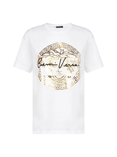 Shop Versace Medusa Print Cotton T-shirt In Bianco Oro Nero