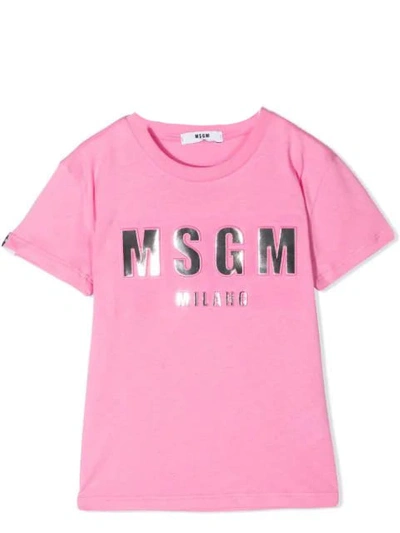 Shop Msgm Metallic Logo Print Cotton T-shirt In Pink