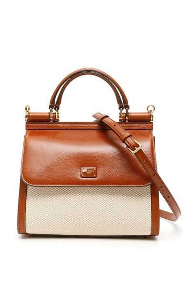 Shop Dolce & Gabbana Sicily 58 Leather And Canvas Bag In Naturalenoce