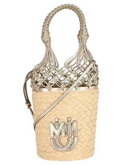 Shop Miu Miu Woven Straw Bucket Bag In Naturale+pirite