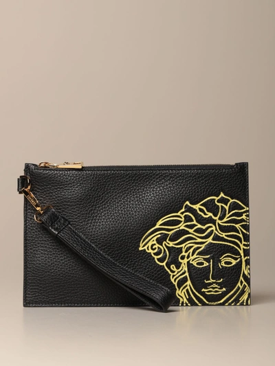 Shop Versace Clutch Bag In Grained Leather With Medusa In Black