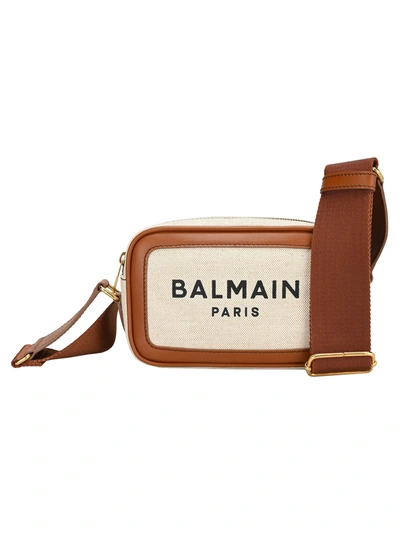 Shop Balmain Canvas B-army Camera Bag In Natural + Brown