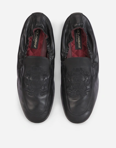 Shop Dolce & Gabbana Calfskin Loafers With Dg Coat Of Arms Embroidery In Black