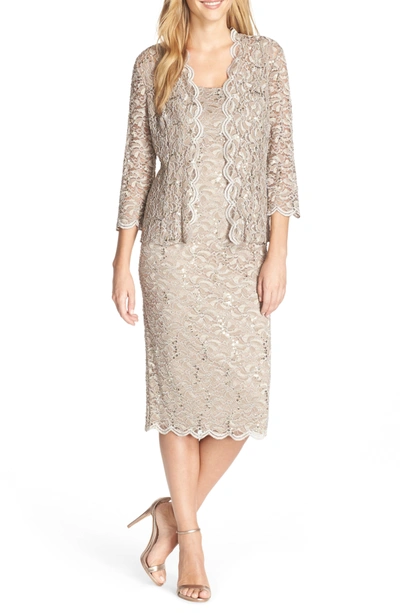 Shop Alex Evenings Lace Cocktail Dress With Jacket In Champagne