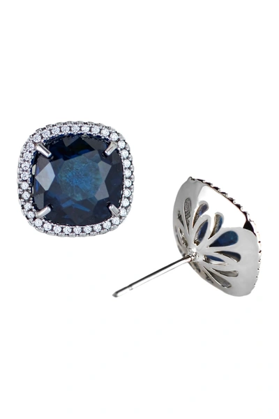 Shop Cz By Kenneth Jay Lane Rhodium Plated Cushion Cut Pave Stud Earrings In Blue-silver