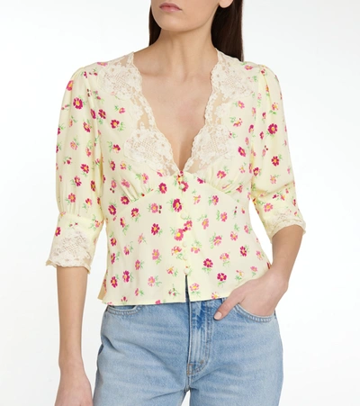 Shop Rixo London Amanda Lace-trimmed Floral Blouse In Yellow