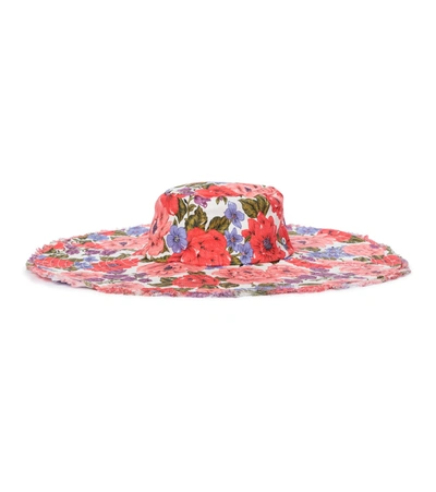 Shop Zimmermann Frayed Floppy Floral Linen Hat In Multicoloured