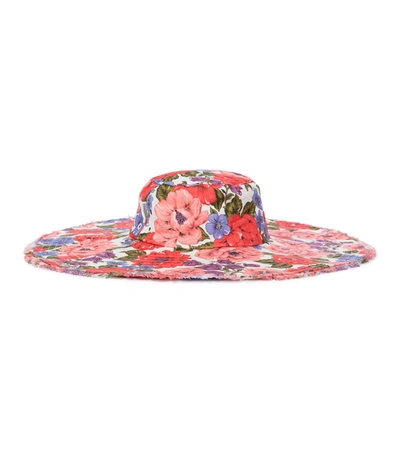 Shop Zimmermann Frayed Floppy Floral Linen Hat In Multicoloured