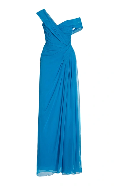 Shop Monique Lhuillier Women's Asymmetric Draped Silk Gown In Blue