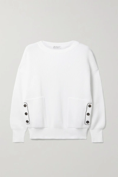 Shop Brunello Cucinelli Bead-embellished Ribbed Cotton Sweater In White