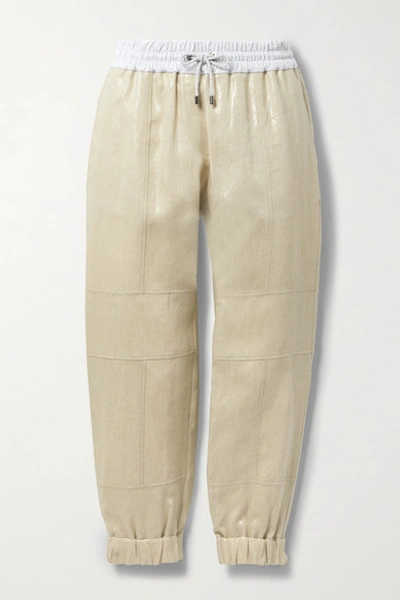 Shop Brunello Cucinelli Cotton-blend Jersey-trimmed Metallic Linen Track Pants In Gold