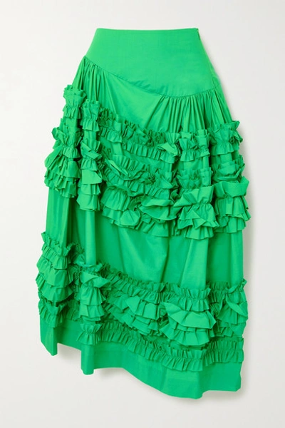 Shop Molly Goddard Otis Asymmetric Ruffled Cotton Midi Skirt In Green