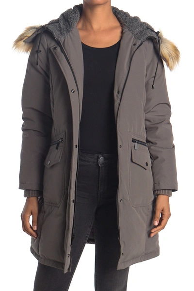 Shop French Connection Faux Fur Trim Hooded Flap Pocket Down Jacket In Lt Grey
