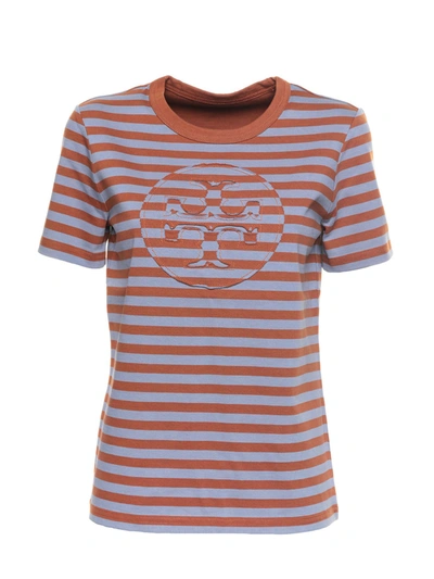 Shop Tory Burch Striped T-shirt In Brown And Light Blue