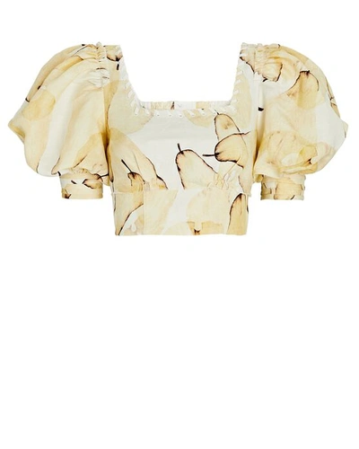 Shop Aje Unlace Puff Sleeve Crop Top In Pale Yellow/ivory