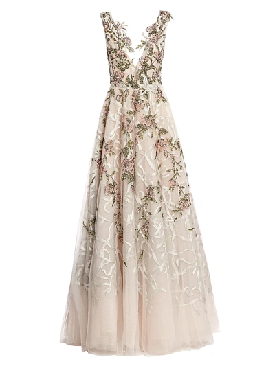Shop Marchesa Women's Beaded Tulle Plunging V-neck Gown In Blush