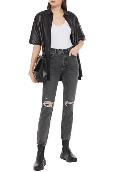 Shop Anine Bing Brenda Cropped Distressed High-rise Slim-leg Jeans In Dark Gray