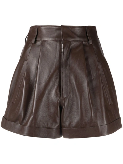 Shop Manokhi High-rise Gathered Leather Shorts In Brown