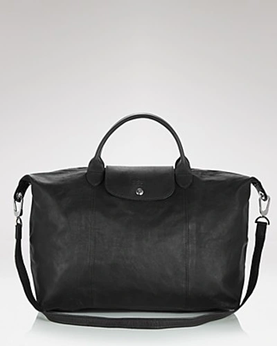 Longchamp Le Pliage Large Leather Satchel In Black