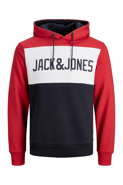 Shop Jack & Jones Logo Colorblock Hooded Sweatshirt In Tango Redreg