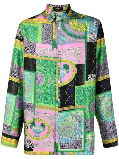 Shop Versace Patchwork Print Silk Shirt In 5x000 Multicolor