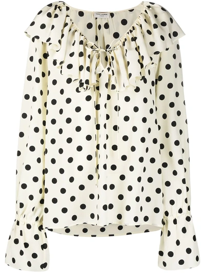 Shop Saint Laurent Ruffle Collar Polka-dot Print Blouse In White