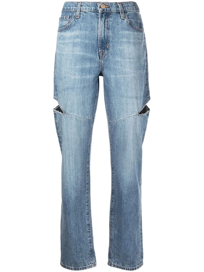 Shop J Brand Mid-rise Straight-leg Ripped Jeans In Blue