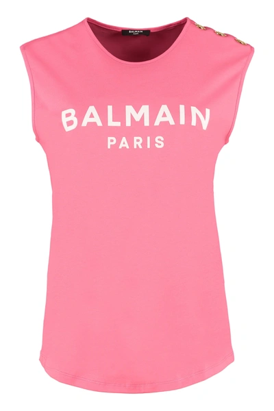 Shop Balmain Printed Cotton Tank Top In Pink