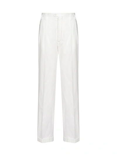Shop Maison Margiela Contrast-stitching Cotton Trousers In Off White