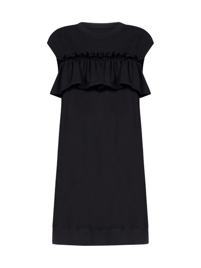 Shop Mm6 Maison Margiela Ruffle-detail Fleece Cotton Dress In Black