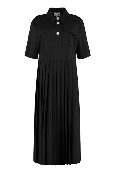 Shop Ganni Pleated Skirt Dress In Black